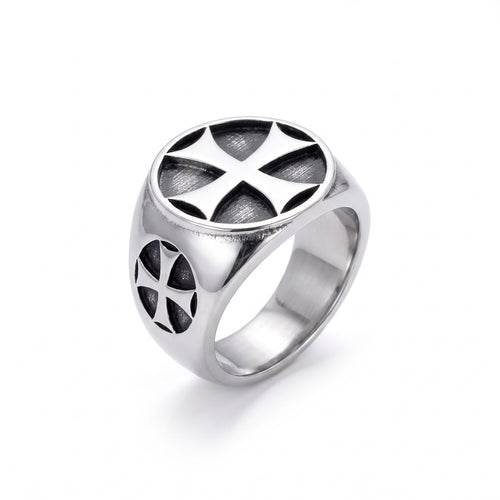 Seneschal Templar cross signet ring in stainless steel, front view on white background