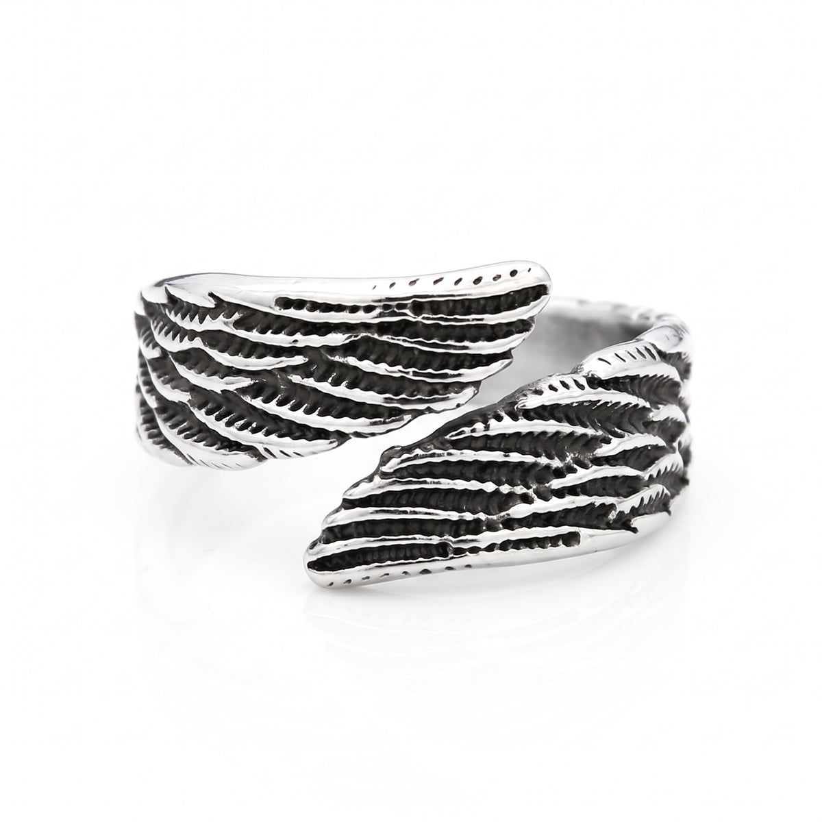 Seraph winged open stainless steel ring, front view on white background