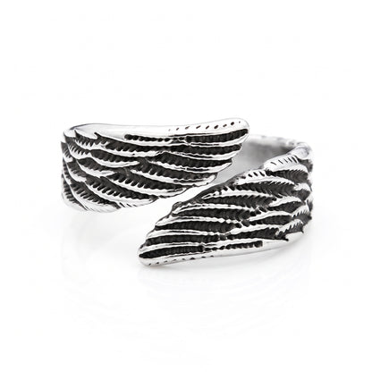 Seraph winged open stainless steel ring, front view on white background