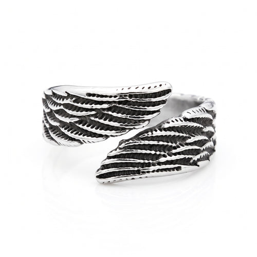 Seraph winged open stainless steel ring, front view on white background