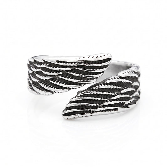 Seraph winged open stainless steel ring, front view on white background
