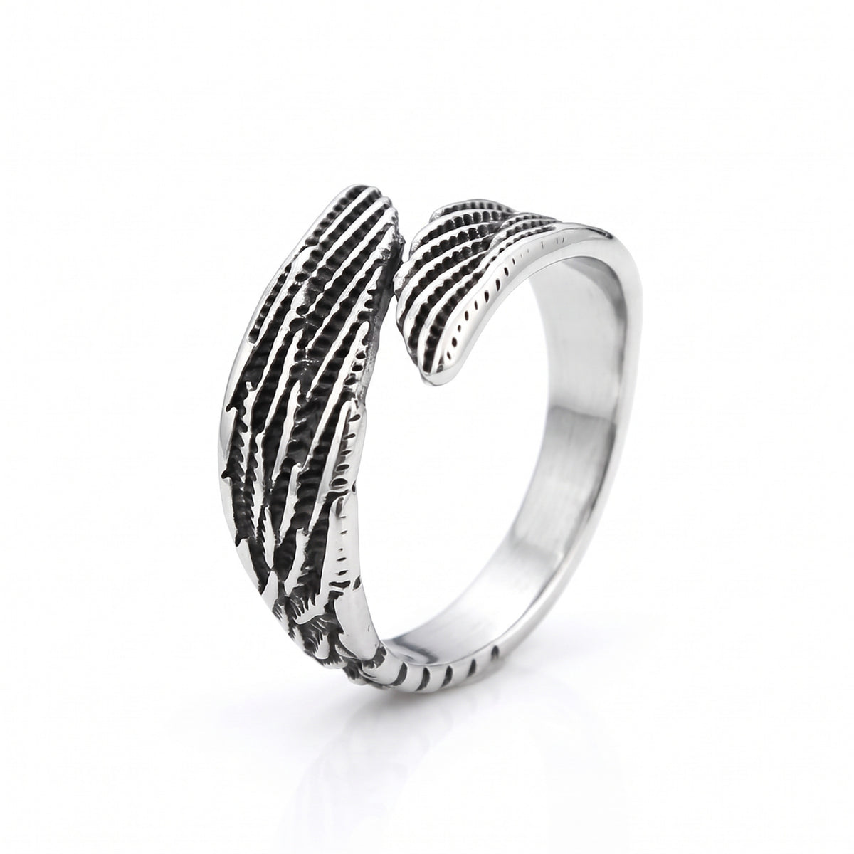 Seraph winged open stainless steel ring, side view on white background