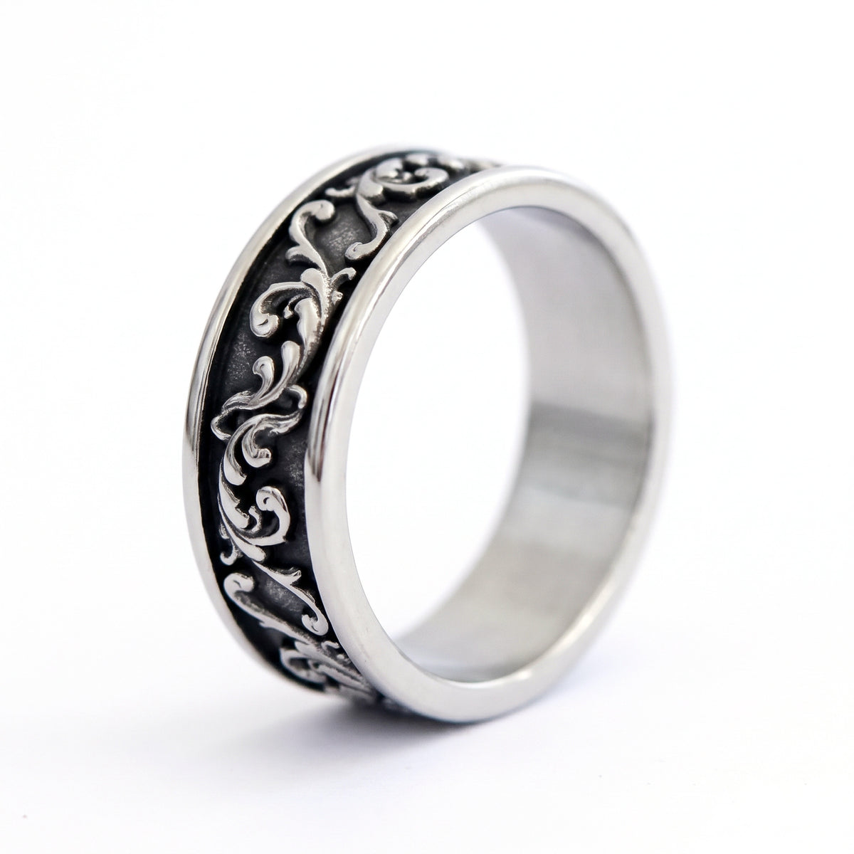 Skald Viking scrollwork band ring in stainless steel, front view on white background