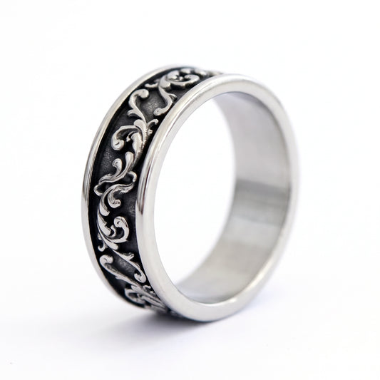 Skald Viking scrollwork band ring in stainless steel, front view on white background