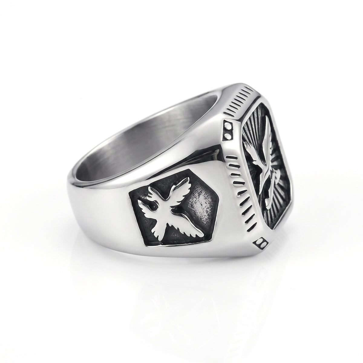 Talon winged eagle signet ring in stainless steel, side view showing the eagle on the shoulder on white background