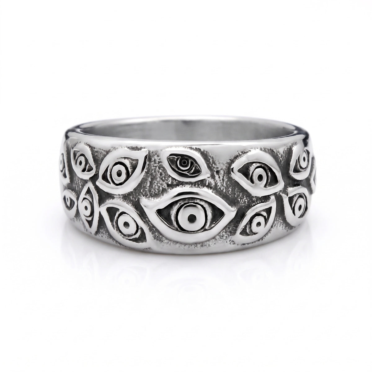 Watcher eye stainless steel ring, front view on white background