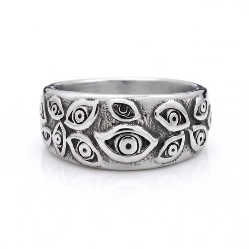 Watcher eye stainless steel ring, front view on white background