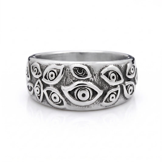 Watcher eye stainless steel ring, front view on white background