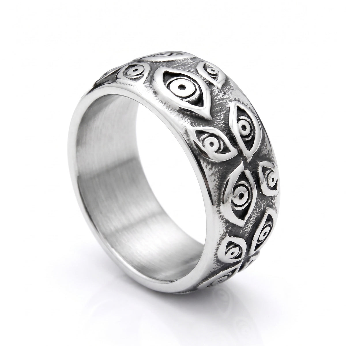 Watcher eye stainless steel ring, three-quarter side view on white background