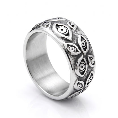 Watcher eye stainless steel ring, three-quarter side view on white background
