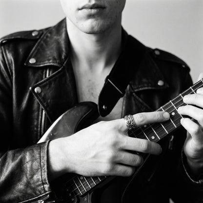 Young man's hand on a black electric guitar neck, in a black leather jacket, wearing the Watcher eye ring, black and white 35mm film