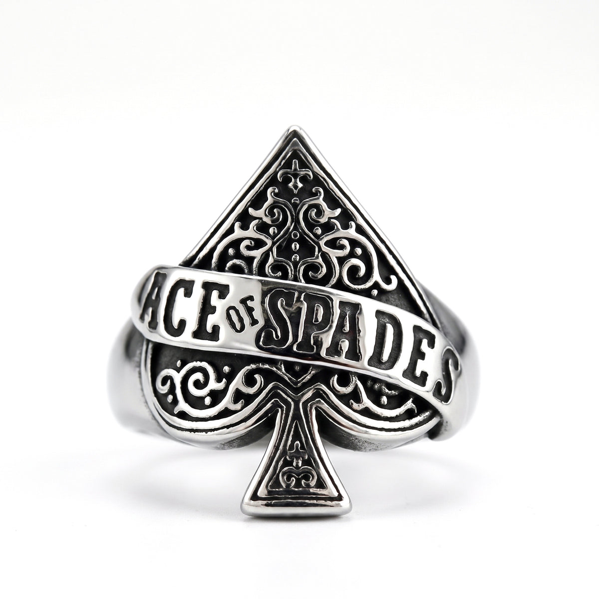 Wildcard ace of spades stainless steel ring, front view on white background