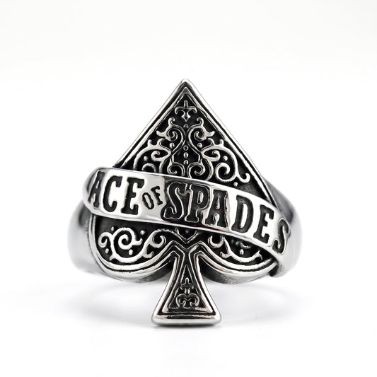 Wildcard ace of spades stainless steel ring, front view on white background