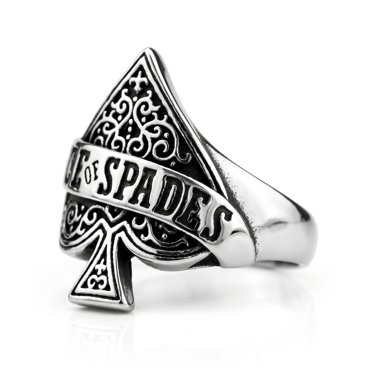 Wildcard ace of spades stainless steel ring, side view on white background